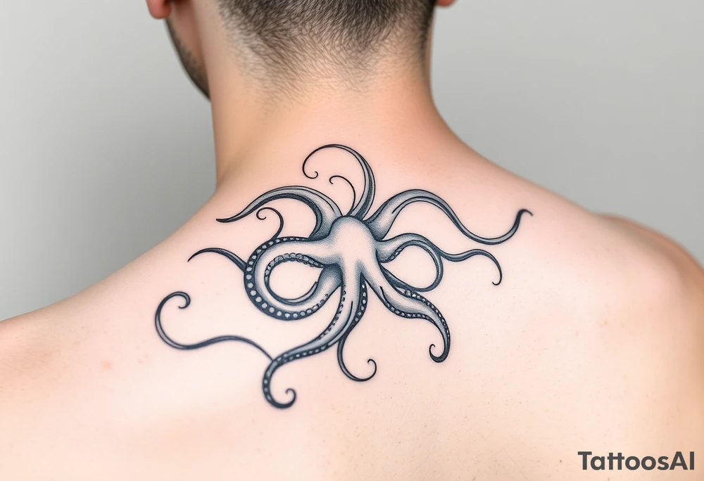 abstract tattoo design, flowing black fine lines, elegant minimalistic linework, psychedelic swirls like gasoline or oil floating on water, iridescent texture implied but in pure  grey ink, delicate organic curves, vapor-like trails, non-literal and surreal, suggestion of an octopus hidden in fluid tentacle-like lines, not a real octopus, just subtle illusion, abstract marine motion, with minimalist seamlessly integrated into the flowing pattern, modern feminine tattoo style, graceful and airy, inspired by Pis Saro and Balazs Bercsenyi, hint of nature and ocean depth, hypnotic and dreamlike, ink diffusion aesthetics, no solid fills, ethereal line-only design tattoo idea