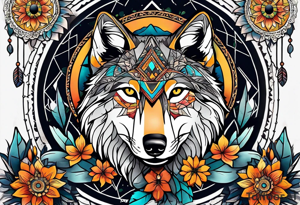 A whimsical wolf tattoo featuring mandala or dream catcher elements, with the wolf as the central focus, surrounded by mountains in the background. Include flowers and nature elements to fill the space around the wolf. tattoo idea