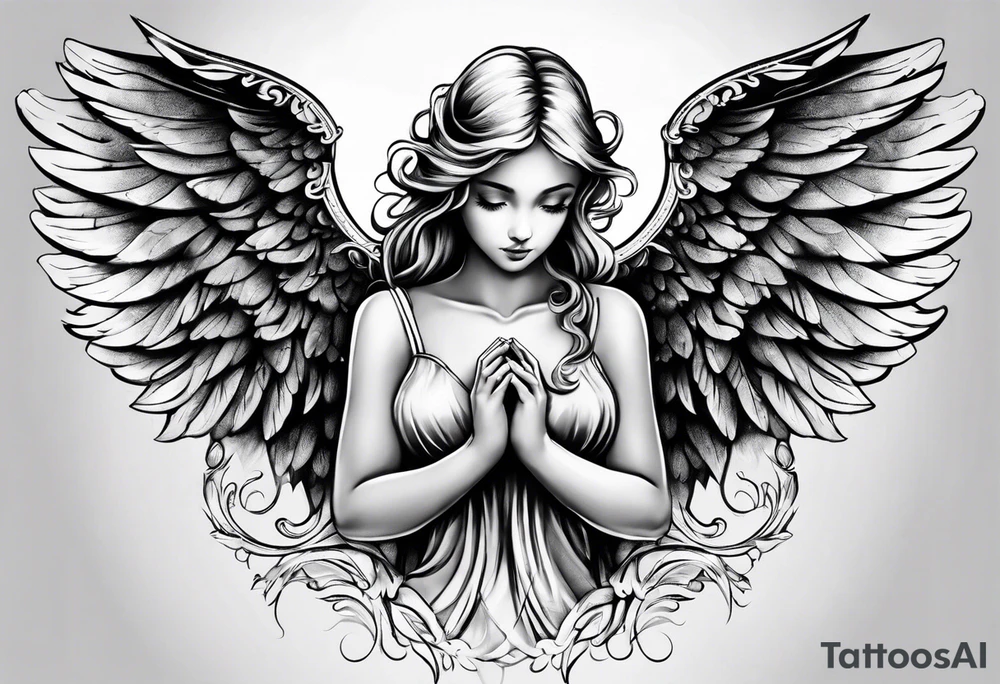 small angel with wings and heart on hands tattoo idea