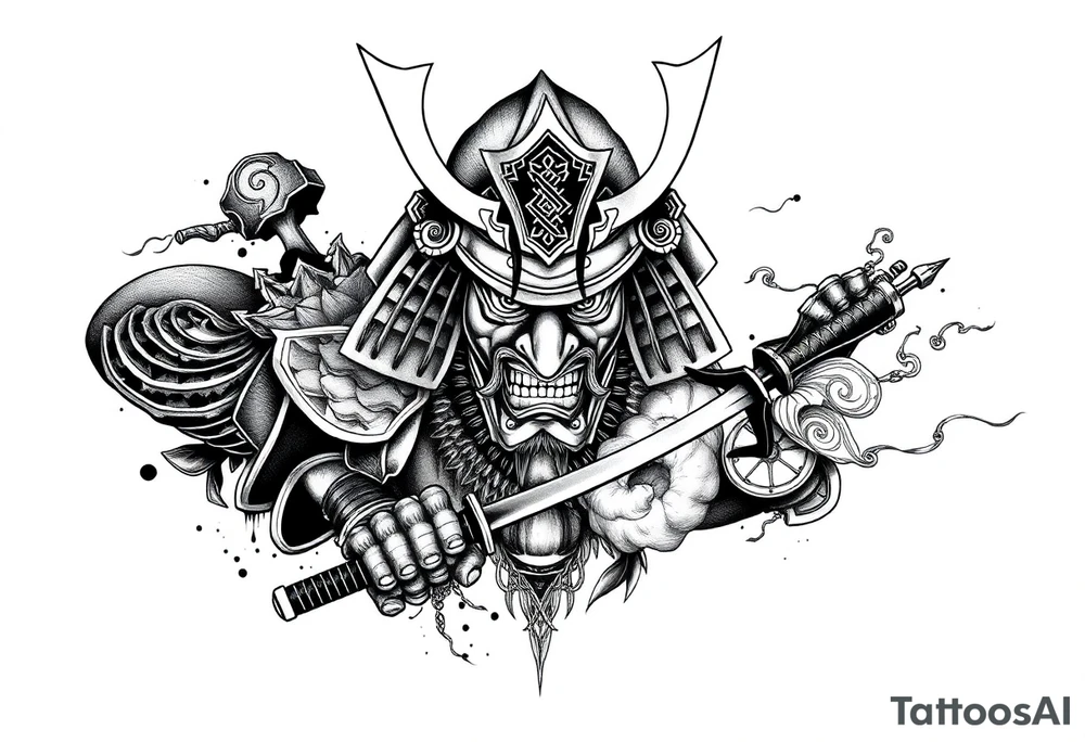 Japanese samurai warrior tattoo, highly detailed armor and helmet, traditional katana sword, intense warrior expression, ornamental patterns, bold linework, black and grey ink style, ink wash shading, centered layout, designed for forearm tattoo with future full sleeve expansion, minimal background tattoo idea