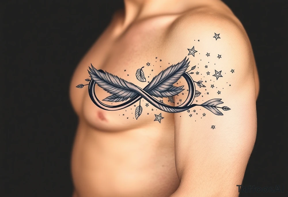 infinity symbol woven with floating feathers and stardust tattoo idea
