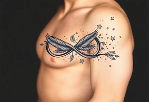 infinity symbol woven with floating feathers and stardust tattoo idea