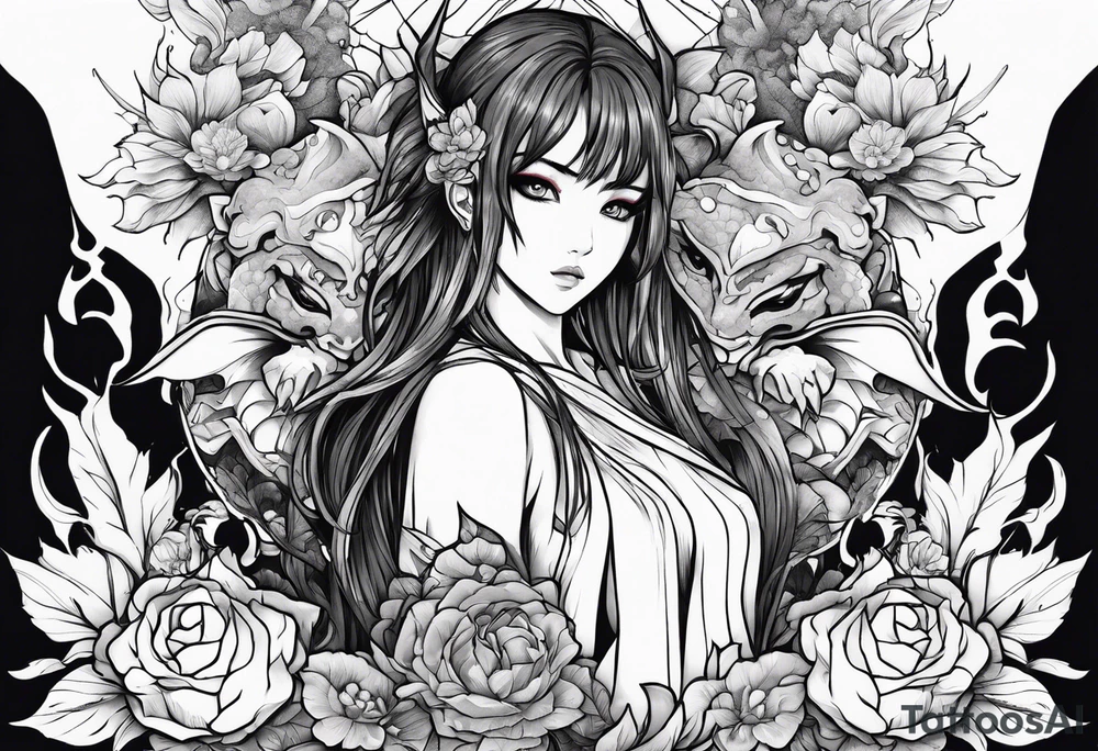 2 dimensional art of a bleeding anime girl surrounded by an asian gargoyle and flowers tattoo idea