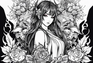 2 dimensional art of a bleeding anime girl surrounded by an asian gargoyle and flowers tattoo idea