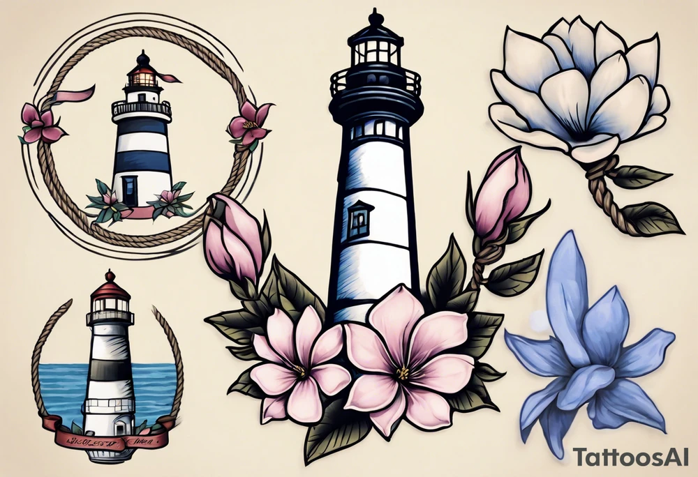 Sailor Jerry tattoo of a light house bordered by magnolia flowers and rope. Behind the light house is a periwinkle blue cancer awareness ribbon tattoo idea