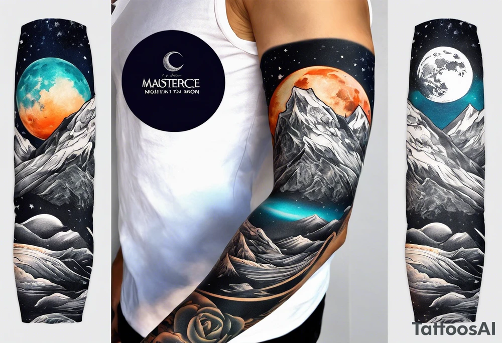 Mountain to moon inspired arm sleeve with a man sitting alone on the moon tattoo idea