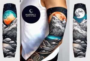 Mountain to moon inspired arm sleeve with a man sitting alone on the moon tattoo idea