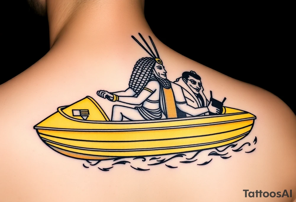 "Anubis driving a yellow Uber-styled solar barge.  
Passengers:  
- Голый Пикассо (из «Ампир V»)  
- Алиса (с табличкой 'Аид – 5★')  
Meter reads: *'SOUL: 4.8 rating (would not reincarnate)'*.  

Style: Urban hieroglyph. Black/yellow. Calf." tattoo idea
