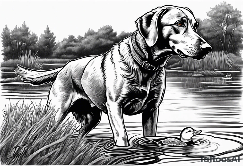 bird dog retrieving duck from marsh in its mouth tattoo idea