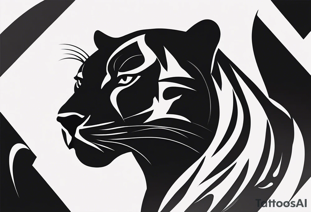 A black-and-white silhouette of a panther in mid-transformation from fire to ice. The panther's body is outlined in bold, fluid black lines, with one half covered in sharp, jagged shapes suggesting flames, while the other half is represented by crystalline, angular forms indicating ice. The transition between the two elements is depicted through a blend of sharp, contrasting lines, where the fluidity of the transformation is emphasized by dynamic, abstract shapes. The dark background is stark and minimal, with swirling, motion-like lines in black to hint at the movement and fluidity of the change. The entire image focuses on bold silhouettes, capturing the dramatic contrast of fire and ice without gradients, creating a powerful, minimalist representation of the panther's transformation. tattoo idea