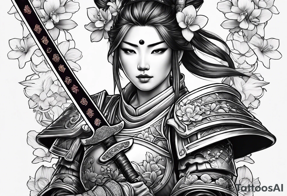 Female samurai in armor with sword and orchids tattoo idea