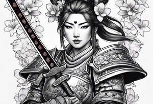 Female samurai in armor with sword and orchids tattoo idea