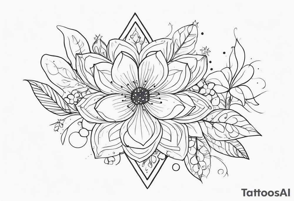 fine line floral with stars, swirls, dots tattoo idea