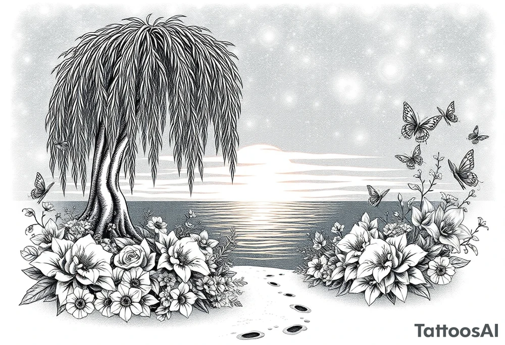Sunset galaxy. Dark Ocean.  weeping willow garden with roses and lilies flower beds, fairies, mermiads, dragons butterflies,  cat paw prints path in dirt. tattoo idea