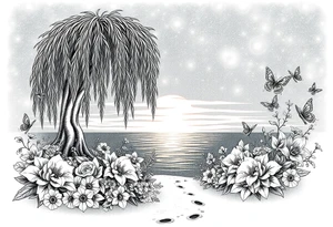 Sunset galaxy. Dark Ocean.  weeping willow garden with roses and lilies flower beds, fairies, mermiads, dragons butterflies,  cat paw prints path in dirt. tattoo idea