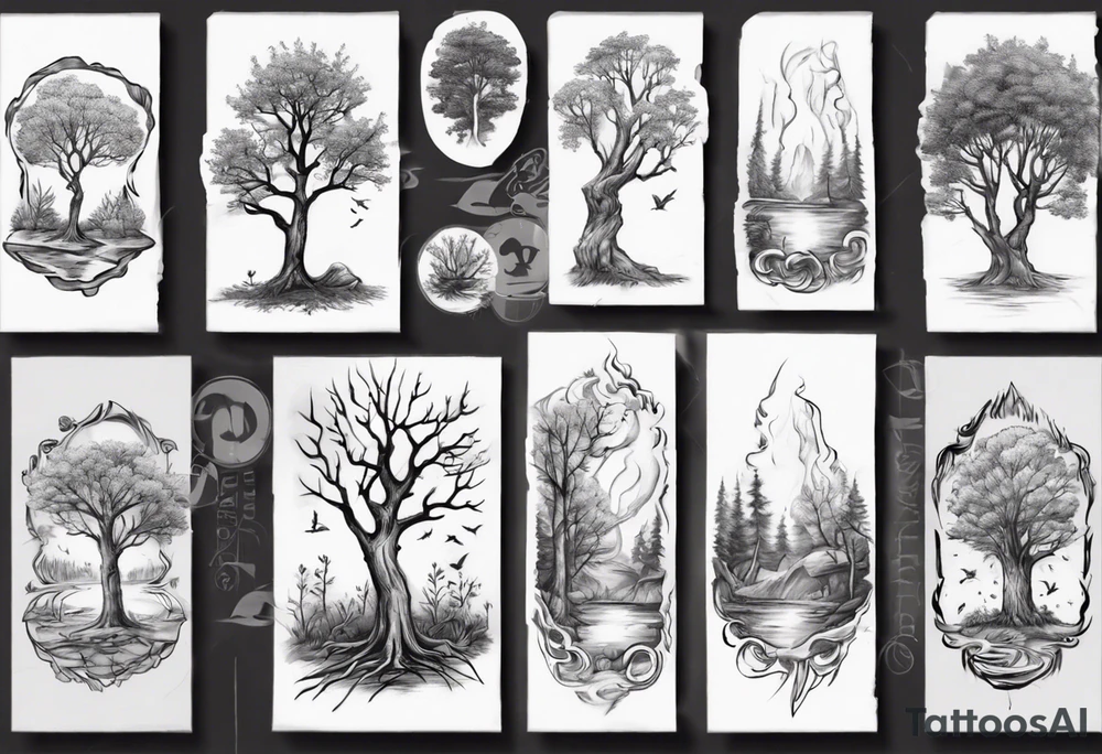 Small nature spring beside a oka tree with sun draw in the tree trunk tattoo idea