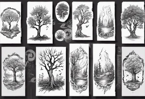 Small nature spring beside a oka tree with sun draw in the tree trunk tattoo idea