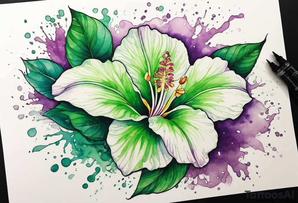 An outline of a green rio dipladenia flower and a green/purple watercolor splash in the background tattoo idea