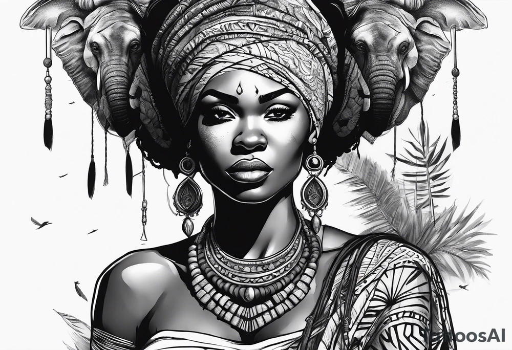 African woman warrior holding spear with ear rings and trees and brids and elephants in the background tattoo idea