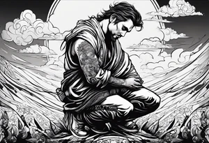Men kneeling like he went through s bad time and a cloud looking like a debil behind him tattoo idea