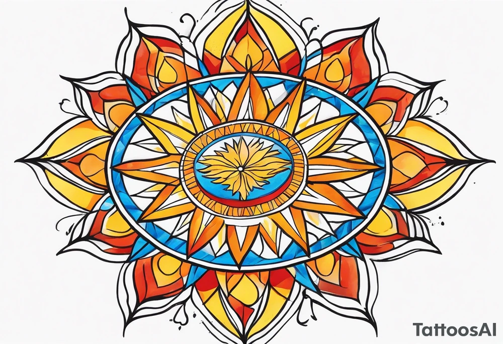 sunburst with yellow, orange, red, and blue colors tattoo idea