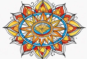 sunburst with yellow, orange, red, and blue colors tattoo idea
