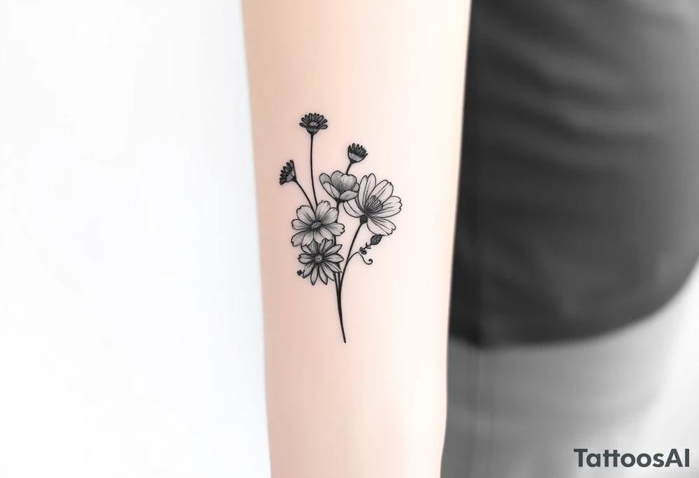 Small flower bouquet with flowers, 1 daisy, 2 cosmo, 1 poppy, 1 chrysanthemum, tattoo idea