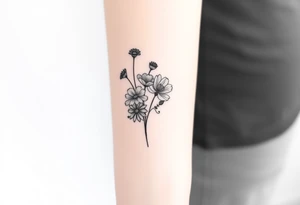 Small flower bouquet with flowers, 1 daisy, 2 cosmo, 1 poppy, 1 chrysanthemum, tattoo idea