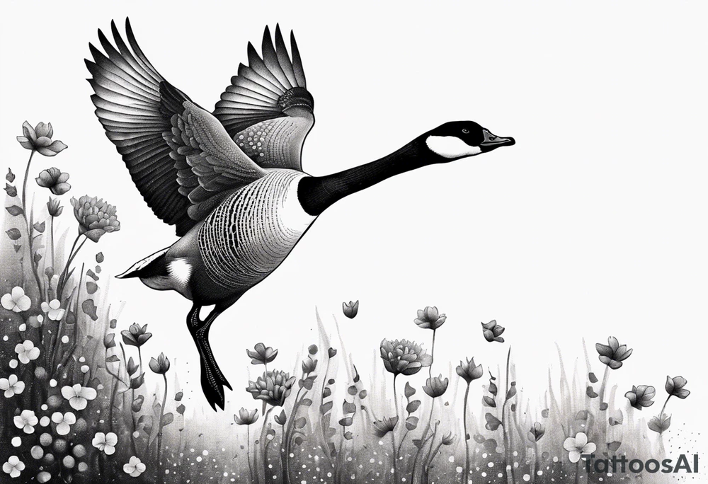 canadian goose taking off profile flowers tattoo idea