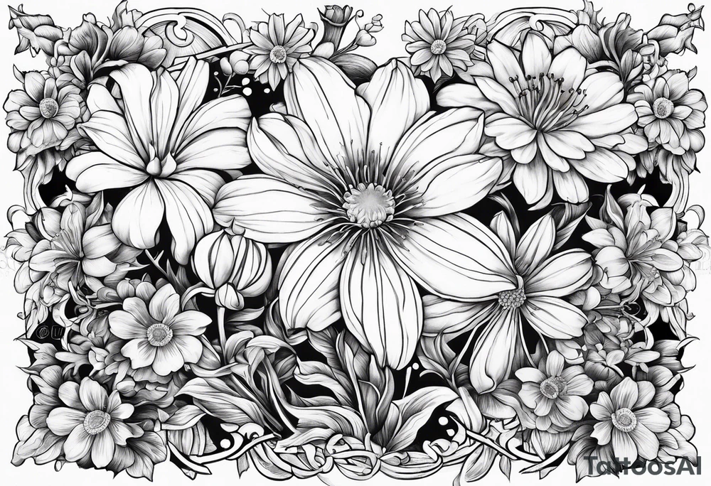 Honeysuckle,3 daisys,cosmos,and snowdrop tattoo idea