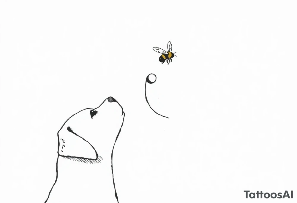 brown lab looking up at a bumble bee like it’s almost about to sniff it but they’re not touching. all black ink and fine line. tattoo idea