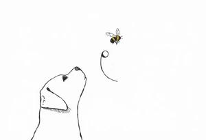 brown lab looking up at a bumble bee like it’s almost about to sniff it but they’re not touching. all black ink and fine line. tattoo idea