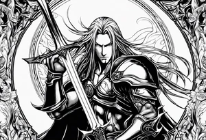 Sephiroth surrounded by flames with his sword and full armour tattoo idea