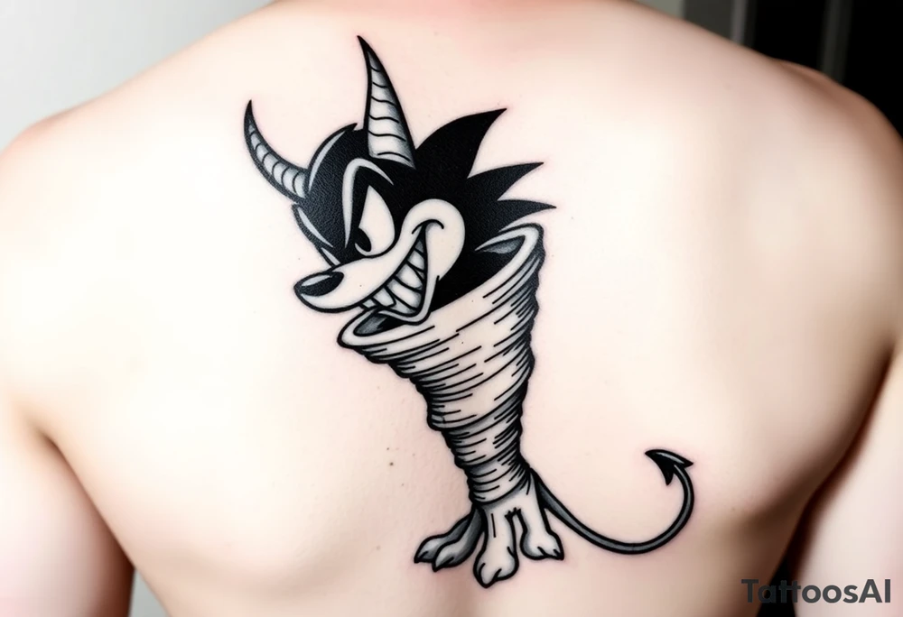 LOONEY toons tazmanian devil with half his body a tornado add initials BD, TD, LJ, MA, HE in the tornado on an upper arm tattoo idea