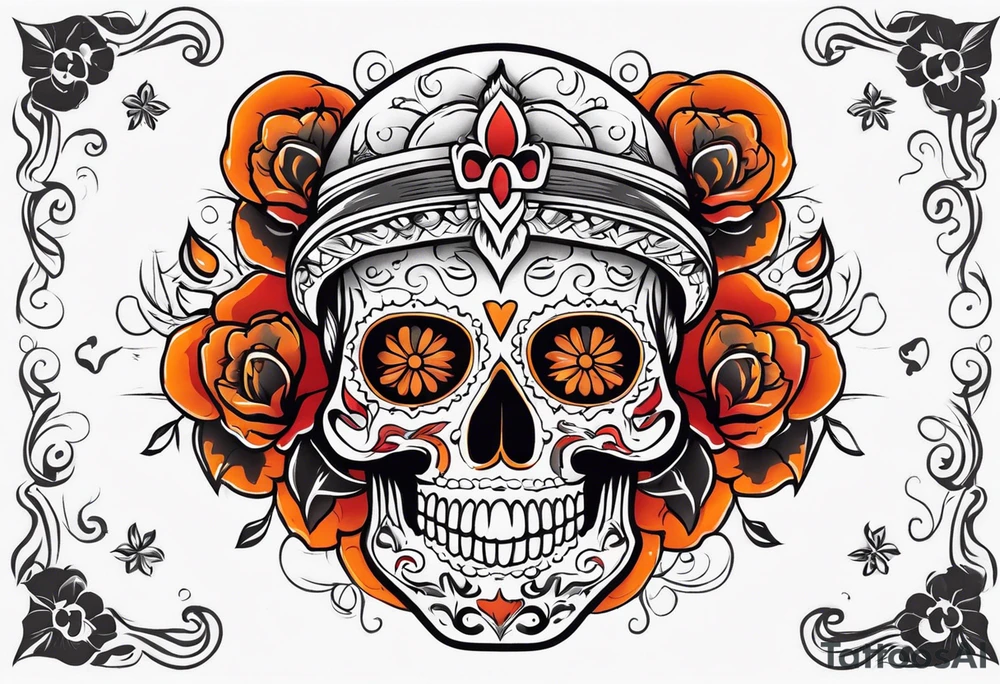 Mexican skull with smoke coming from the bottom orange and red tattoo idea Mexican skull with smoke coming from the bottom orange and red tattoo idea