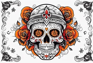 Mexican skull with smoke coming from the bottom orange and red tattoo idea