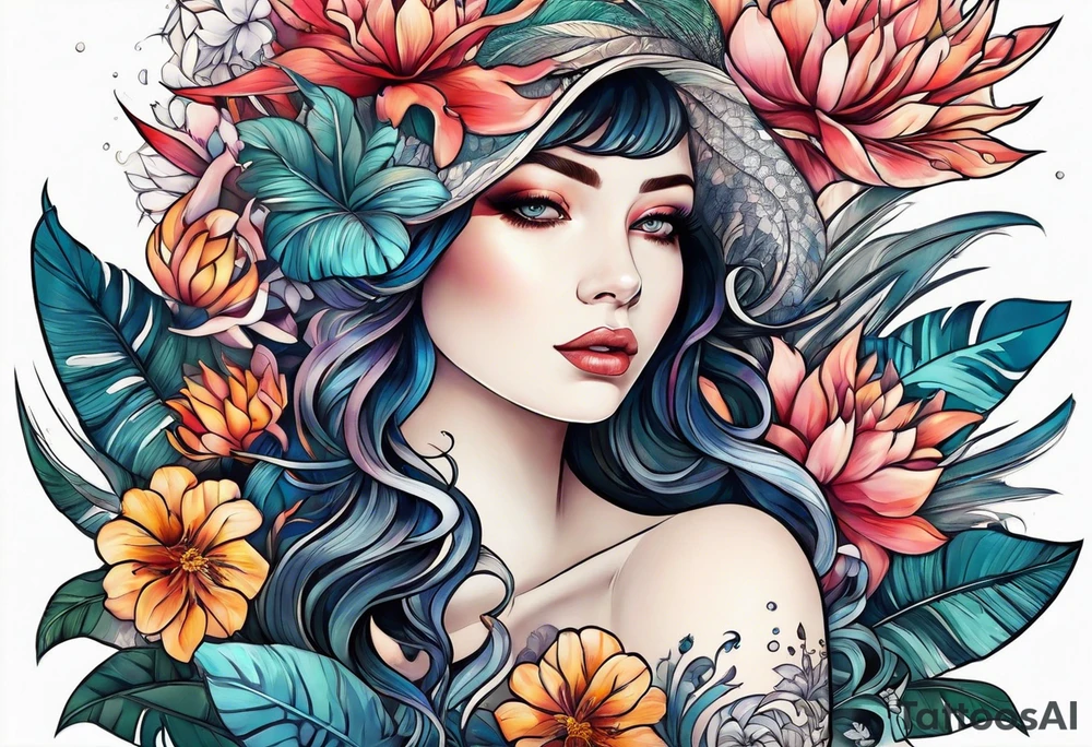 sea, flower, palm, animal tattoo idea