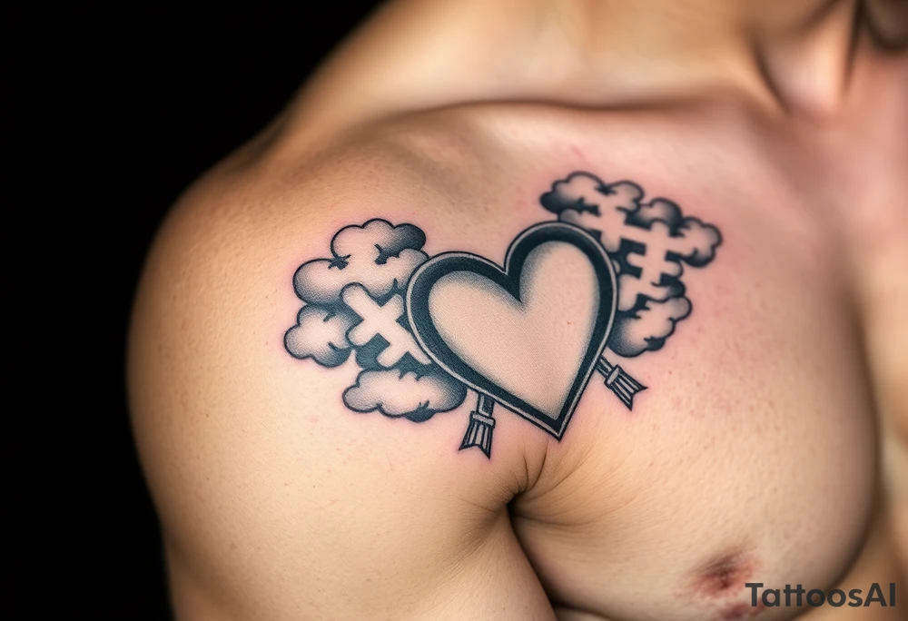 Caution tape with clouds around it, with chrome heart crosses logo African American tattoo idea