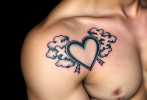 Caution tape with clouds around it, with chrome heart crosses logo African American tattoo idea
