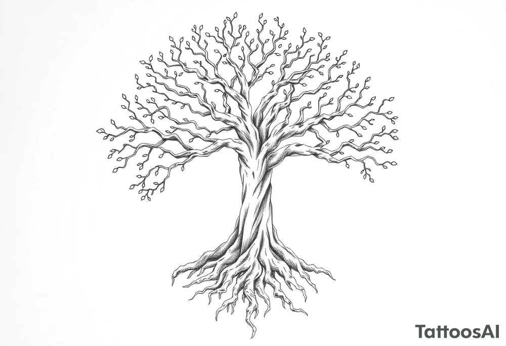 mystical tree of life with cosmic roots and celestial branches tattoo idea