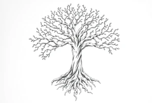 mystical tree of life with cosmic roots and celestial branches tattoo idea
