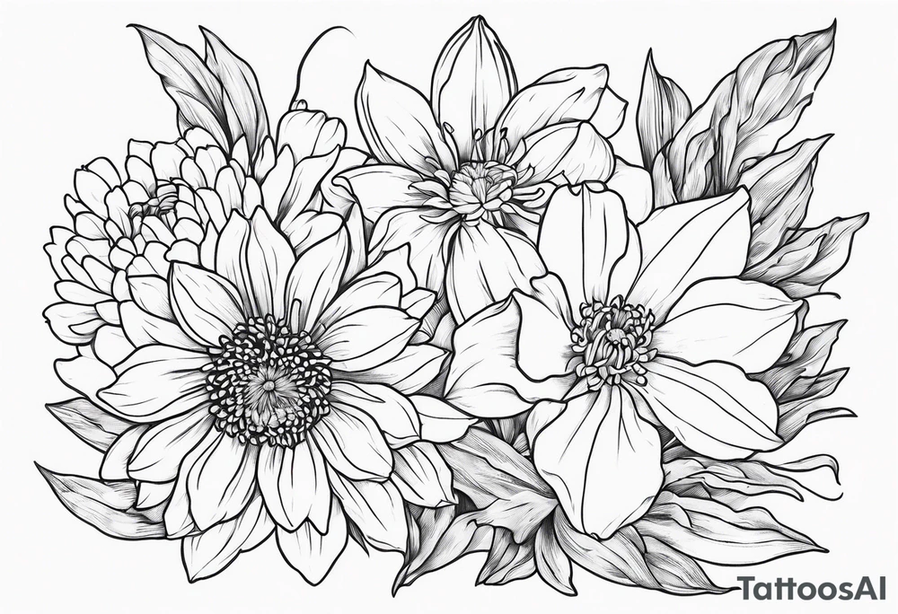 chrysanthemum and daffodil linework tattoo idea