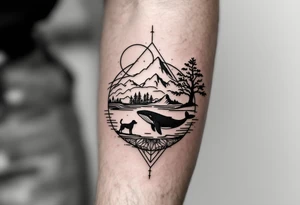 Fine line powerful ocean half sleeve with a wave, a whale, a Joshua tree, and a dog as separate elements with geometric patterns between them tattoo idea