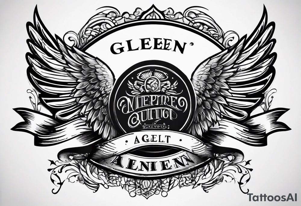Simple tattoo with the word Glenn on a banner and angel wings tattoo idea