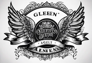 Simple tattoo with the word Glenn on a banner and angel wings tattoo idea