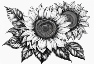 Araceli in cursive four sunflowers and shading all around tattoo idea
