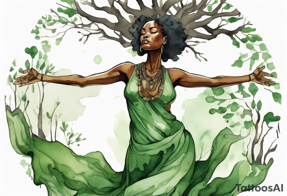 a tree trunk with roots that is a beautiful black woman from the waist up, arms reaching up to the sun, wearing a green tunic tattoo idea