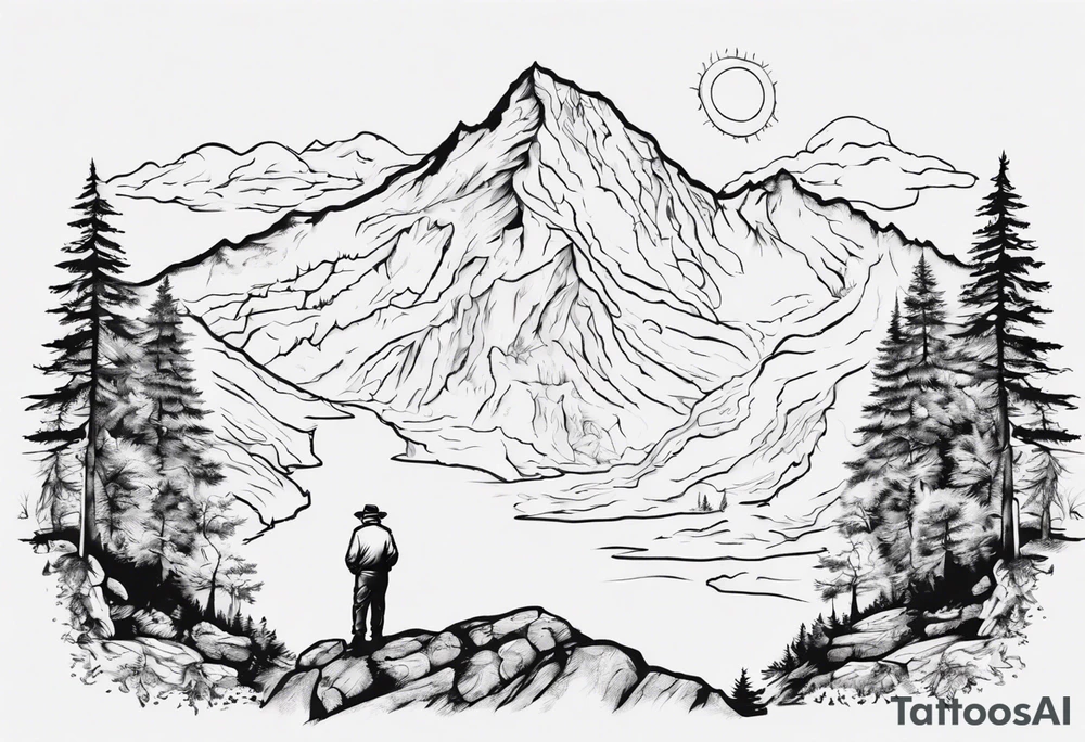 Outline of the state of New Hampshire with the old man on the mountain in it as well as mountains, trees, and the sun tattoo idea