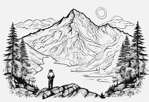 Outline of the state of New Hampshire with the old man on the mountain in it as well as mountains, trees, and the sun tattoo idea
