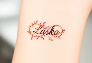 A golden infinity symbol with tiny cherry blossoms surrounding the word "Láska", representing beauty, romance, and fleeting yet eternal love tattoo idea